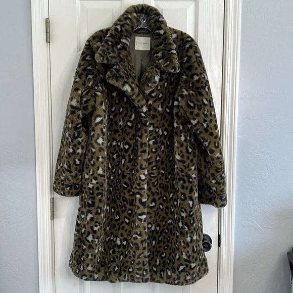 NWT Lucky Brand Faux Fur Long Line Coat green leopard camo size large - Picture 4 of 13